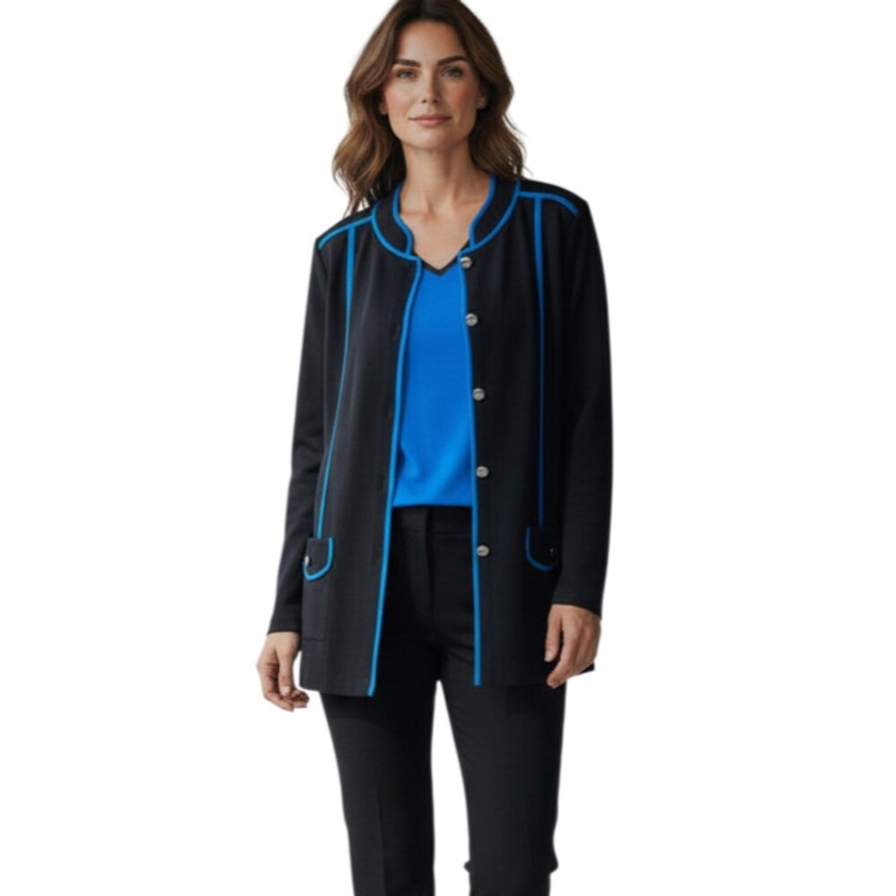 Misook Exclusively Two Piece Sweater Set Blue Black Large Wrinkle Resistant Knit